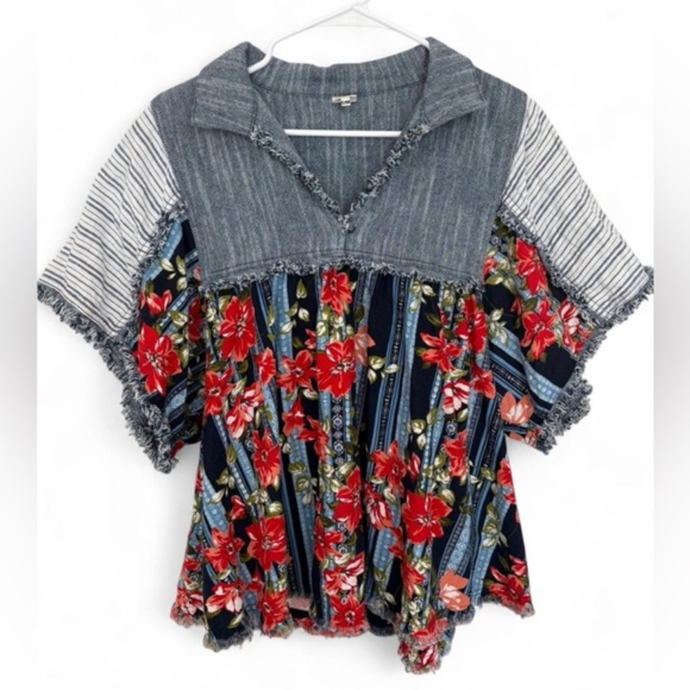 Women's Ivy Jane Boho Patchwork Fringe‎ Floral Stripe Short Sleeve Blouse S/M